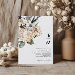 White Floral Monogram Wedding Invitation<br><div class="desc">We designed this white floral monogram wedding invitation to complete your rustic dark tropical wedding. With its bohemian watercolor greenery to its modern boho winter flowers, including protea, dahlia, and dried lotus, the design is sure to set off your moody, minimalist green and white theme. Change the text and add...</div>