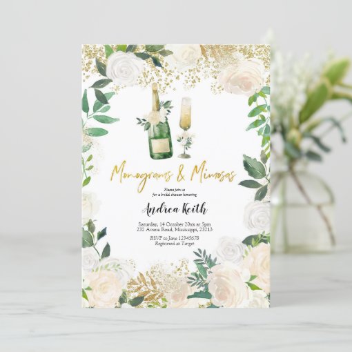 White Floral Monograms And Mimosas Bridal Shower I Invitation Zazzle