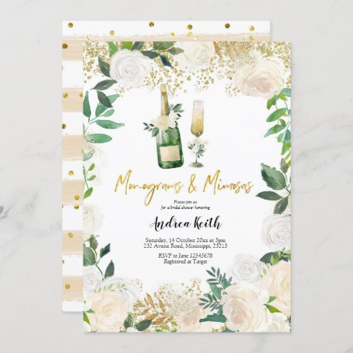 White Floral Monograms and Mimosas Bridal Shower I Invitation