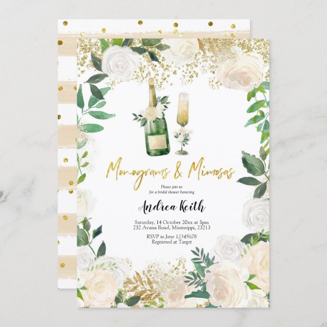 White Floral Monograms and Mimosas Bridal Shower I Invitation (Front/Back)