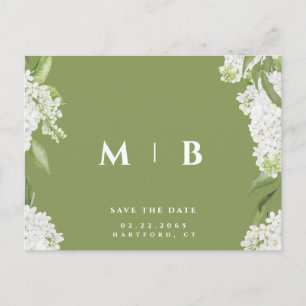 White Floral Moss Green Wedding Save the Date  Postcard