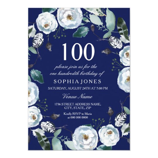 White Floral Navy Blue 100th Birthday Invitation | Zazzle.com