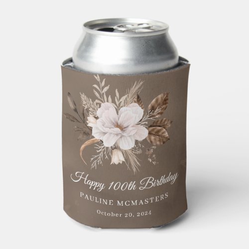 White Floral Neutral Fall 100th Birthday Can Cooler