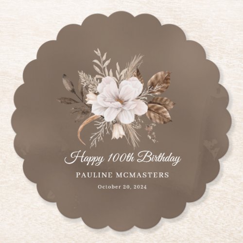 White Floral Neutral Fall 100th Birthday Paper Coaster