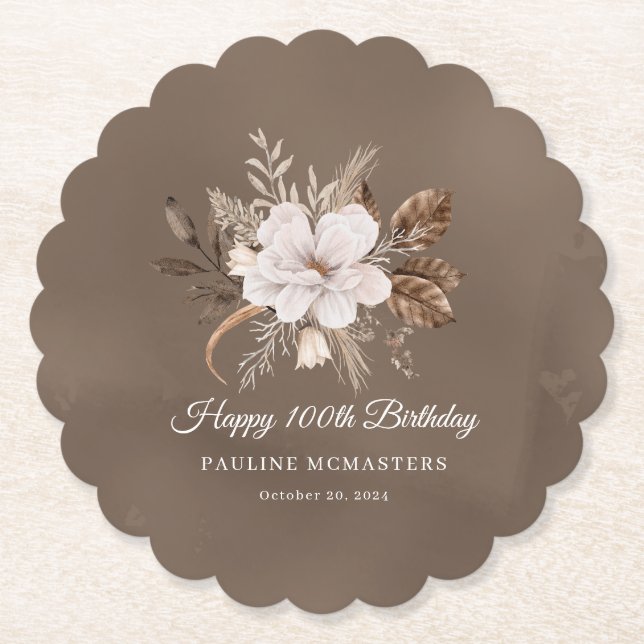 White Floral Neutral Fall 100th Birthday Paper Coaster (Front)