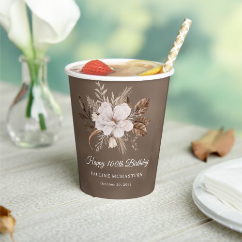 White Floral Neutral Fall 100th Birthday Paper Cups