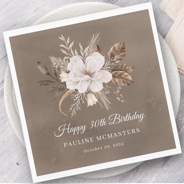 White Floral Neutral Fall 30th Birthday Napkins (Creator Uploaded)