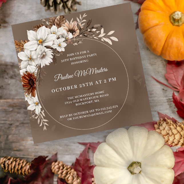 White Floral Neutral Fall 30th Birthday Square Invitation (Creator Uploaded)