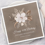 White Floral Neutral Fall 40th Birthday Napkins<br><div class="desc">A beautiful bouquet of white flowers and neutral fall leaves decorate this 40th birthday napkin. The gray, taupe, and white foliage create an elegant and chic autumnal display that frame the white flowers perfectly. Happy 40th birthday is written below the flowers in a traditional and classic script. Two additional lines...</div>