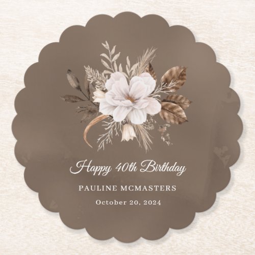 White Floral Neutral Fall 40th Birthday Paper Coaster