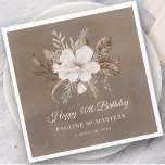 White Floral Neutral Fall 50th Birthday Napkins<br><div class="desc">A beautiful bouquet of white flowers and neutral fall leaves decorate this 50th birthday napkin. The gray, taupe, and white foliage create an elegant and chic autumnal display that frame the white flowers perfectly. Happy 50th birthday is written below the flowers in a traditional and classic script. Two additional lines...</div>