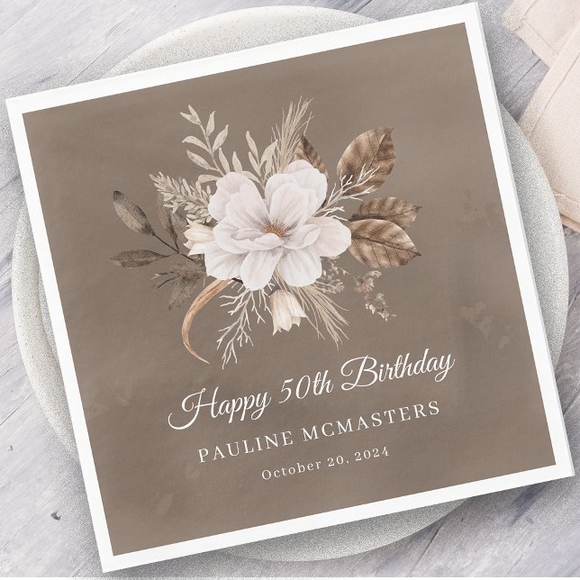 White Floral Neutral Fall 50th Birthday Napkins (Creator Uploaded)