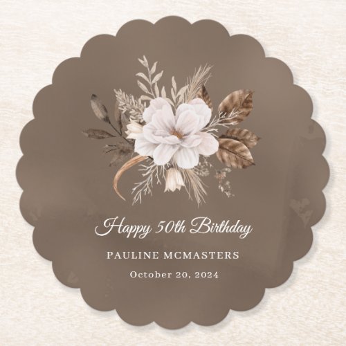 White Floral Neutral Fall 50th Birthday Paper Coaster