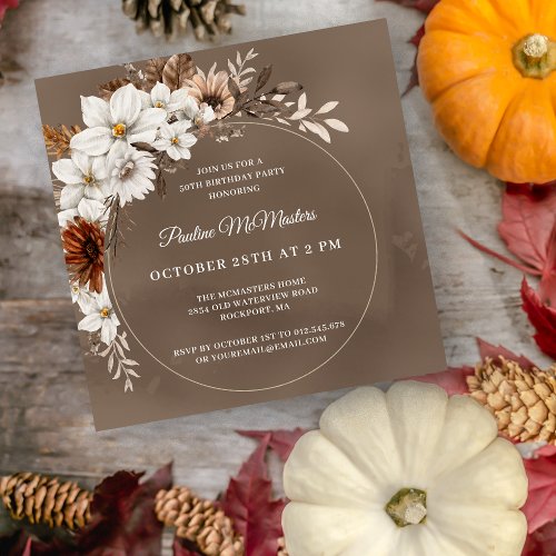 White Floral Neutral Fall 50th Birthday Square Invitation