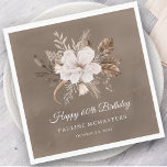 White Floral Neutral Fall 60th Birthday Napkins<br><div class="desc">A beautiful bouquet of white flowers and neutral fall leaves decorate this 60th birthday napkin. The gray, taupe, and white foliage create an elegant and chic autumnal display that frame the white flowers perfectly. Happy 60th birthday is written below the flowers in a traditional and classic script. Two additional lines...</div>