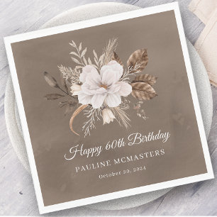 White Floral Neutral Fall 60th Birthday Napkins