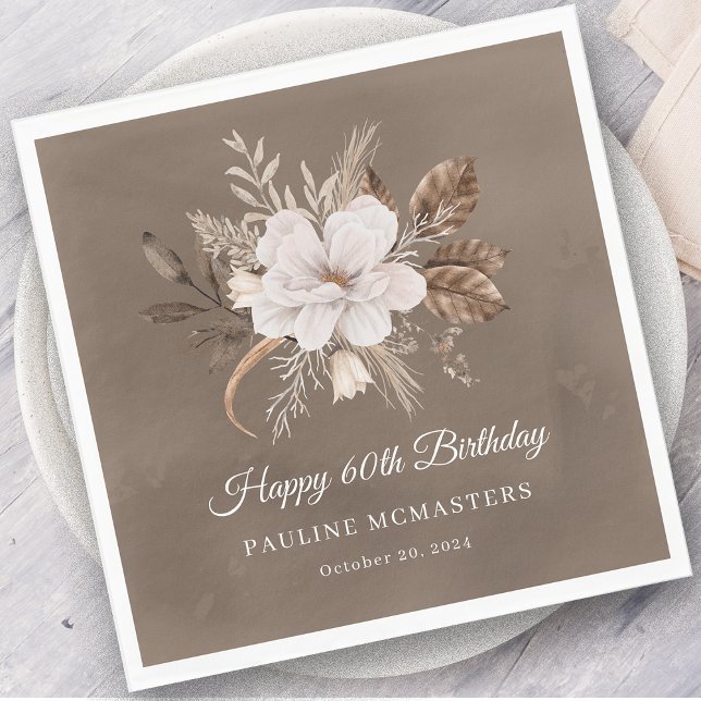 White Floral Neutral Fall 60th Birthday Napkins (Creator Uploaded)