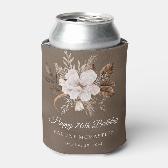 White Floral Neutral Fall 70th Birthday Can Cooler (Can Front)
