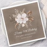 White Floral Neutral Fall 70th Birthday Napkins<br><div class="desc">A beautiful bouquet of white flowers and neutral fall leaves decorate this 70th birthday napkin. The gray, taupe, and white foliage create an elegant and chic autumnal display that frame the white flowers perfectly. Happy 70th birthday is written below the flowers in a traditional and classic script. Two additional lines...</div>