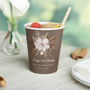 White Floral Neutral Fall 70th Birthday Paper Cups