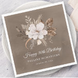 White Floral Neutral Fall 80th Birthday Napkins<br><div class="desc">A beautiful bouquet of white flowers and neutral fall leaves decorate this 80th birthday napkin. The gray, taupe, and white foliage create an elegant and chic autumnal display that frame the white flowers perfectly. Happy 80th birthday is written below the flowers in a traditional and classic script. Two additional lines...</div>