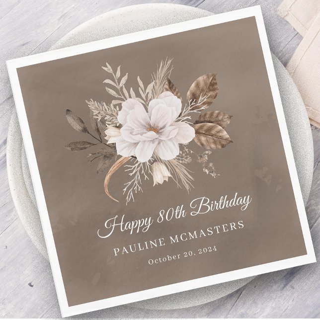 White Floral Neutral Fall 80th Birthday Napkins (Creator Uploaded)