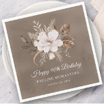 White Floral Neutral Fall 90th Birthday Napkins<br><div class="desc">A beautiful bouquet of white flowers and neutral fall leaves decorate this 90th birthday napkin. The gray, taupe, and white foliage create an elegant and chic autumnal display that frame the white flowers perfectly. Happy 90th birthday is written below the flowers in a traditional and classic script. Two additional lines...</div>