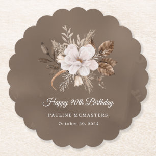White Floral Neutral Fall 90th Birthday Paper Coaster
