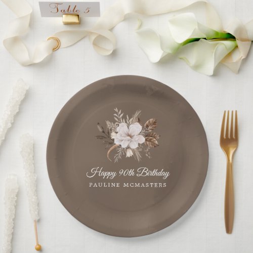 White Floral Neutral Fall 90th Birthday Paper Plates