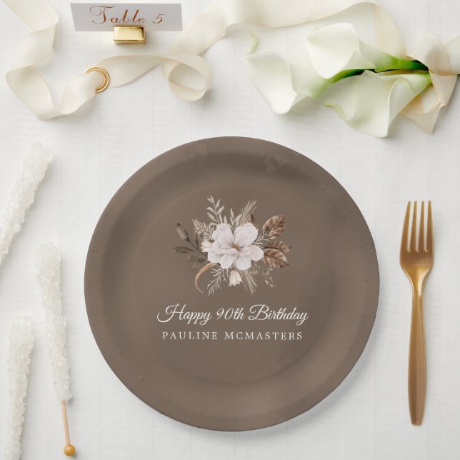 White Floral Neutral Fall 90th Birthday Paper Plates (Wedding)
