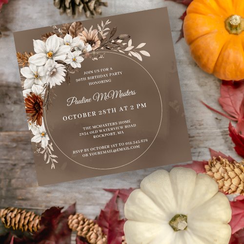 White Floral Neutral Fall 90th Birthday Square Invitation