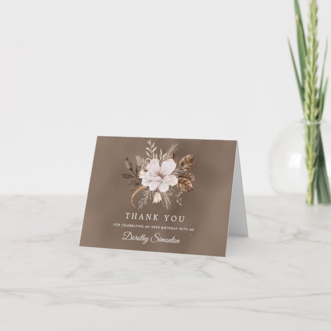 White Floral Neutral Fall 90th Birthday Thank You Card (Front)