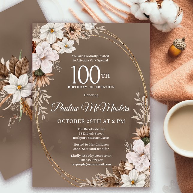 White Floral Neutral Fall Bouquet 100th Birthday  Invitation (Need a matching Fall Welcome Sign? Message me! Party supplies available too!)