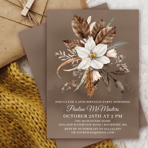 White Floral Neutral Fall Bouquet 50th Birthday  Invitation