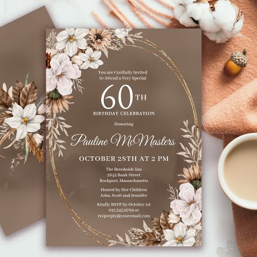 White Floral Neutral Fall Bouquet 60th Birthday  Invitation