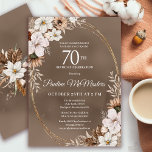 White Floral Neutral Fall Bouquet 70th Birthday  Invitation<br><div class="desc">Sophisticated white fall flowers are surrounded by neutral gray,  brown and black leaves. The white text is a chic combination of upright lettering and calligraphy text. The taupe watercolor background frames them all perfectly.</div>