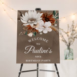 White Floral Neutral Fall Bouquet 80th Birthday  Foam Board<br><div class="desc">Sophisticated white fall flowers are surrounded by neutral gray,  brown and black leaves. The white text is a chic combination of upright lettering and calligraphy text. The taupe watercolor background frames them all perfectly.</div>