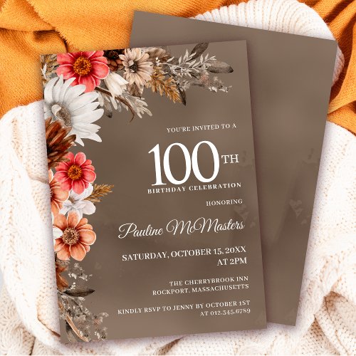 White Floral Neutral Fall Flowers 100th Birthday Invitation