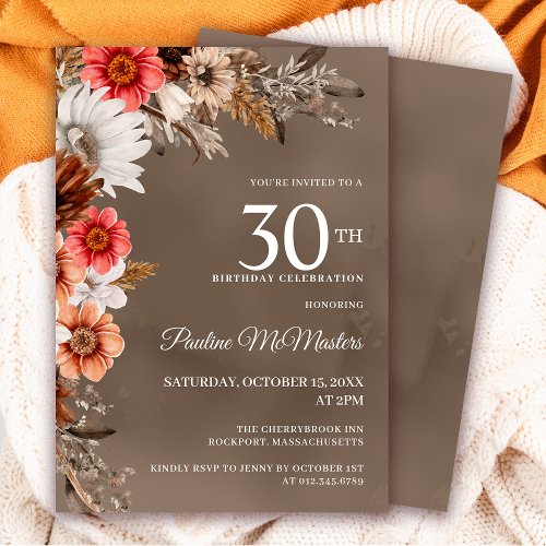White Floral Neutral Fall Flowers 30th Birthday Invitation