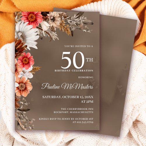 White Floral Neutral Fall Flowers 50th Birthday Invitation
