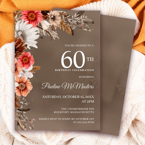 White Floral Neutral Fall Flowers 60th Birthday Invitation