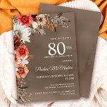 White Floral Neutral Fall Flowers 80th Birthday Invitation<br><div class="desc">Sophisticated white fall flowers are surrounded by neutral gray,  brown and black leaves. Pink and red flowers add pops of color to bright it up. The white text is a chic combination of upright lettering and calligraphy text. The taupe watercolor background frames them all perfectly.</div>
