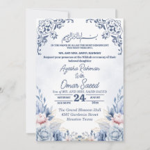 White Floral Nikkah Blue White Invitation