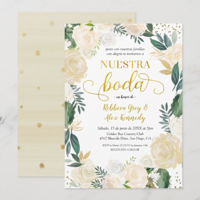 White Floral Nuestra Boda Mexican Wedding Invitati Invitation (Front/Back)