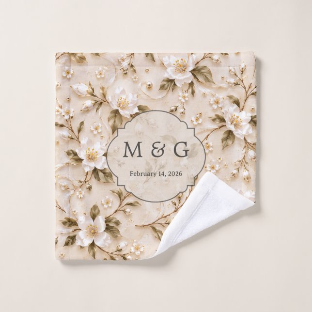 White Floral Olive Gold Botanical Pattern C Script Wash Cloth