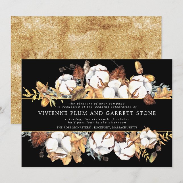 White Floral on Black and Gold Fall Wedding Invitation (Front/Back)