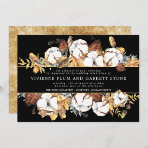 White Floral on Black and Gold Fall Wedding Invitation