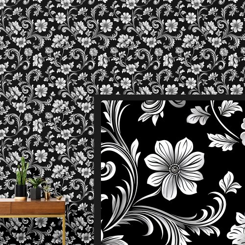 White Floral on Black Dramatic Gothic Damask Wallpaper