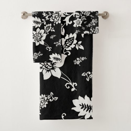 White Floral on Black Night Background Bath Towel Set