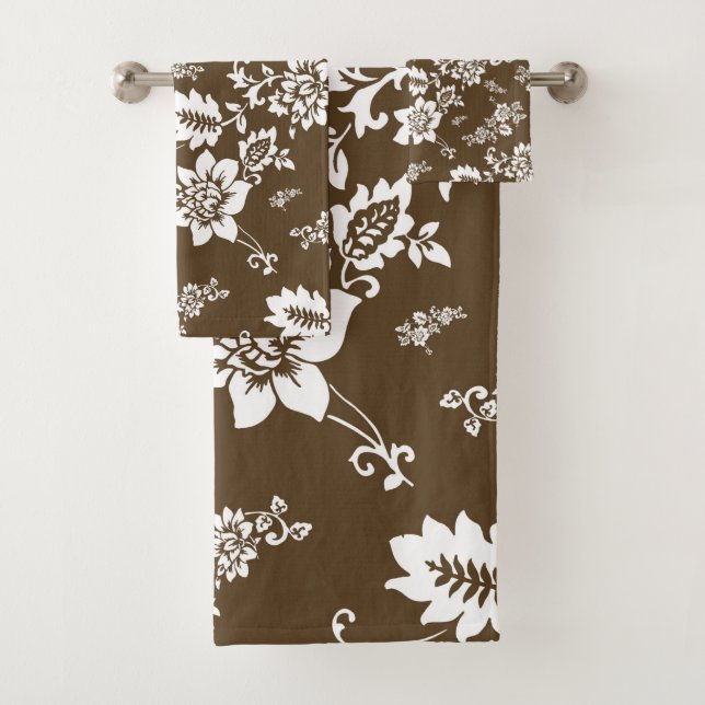 White Floral on Choco Brown Background Bath Towel Set (Insitu)